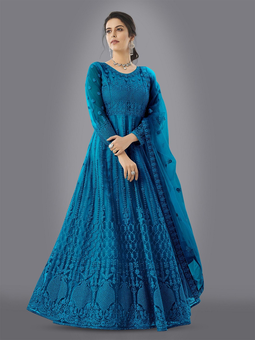 

APNISHA Embroidered Net Fit & Flare Maxi Ethnic Dresses, Blue
