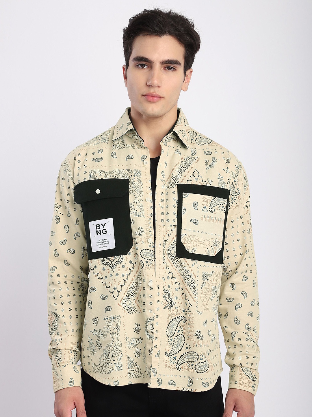 

Beyoung Men Printed Shacket, Beige