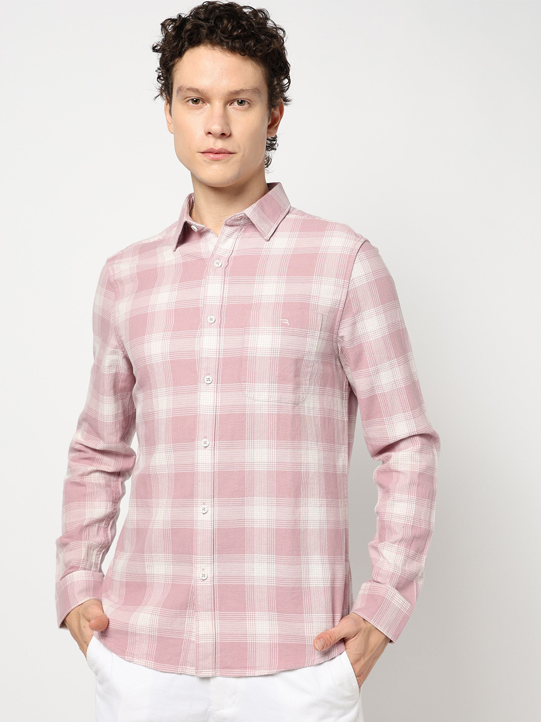 

Blue Buddha Men Comfort Spread Collar Checked Cotton Tailored Fit Casual Shirt, Pink