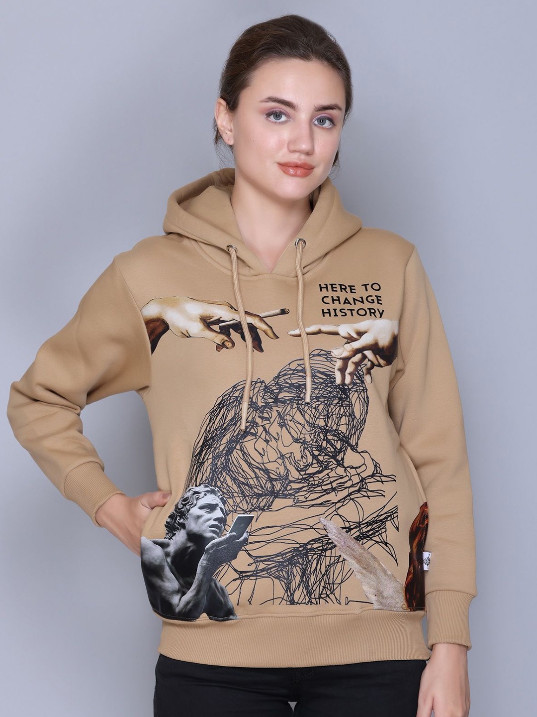 

BIZARRELY Women Self Design Printed Hooded Sweatshirt, Beige