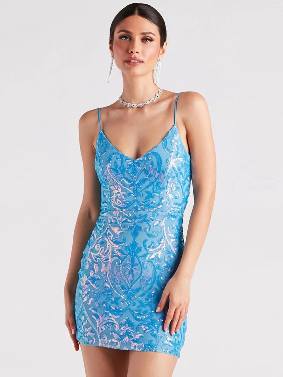 

LULU & SKY Women Embellished Sequined Bodycon Mini Dress, Blue