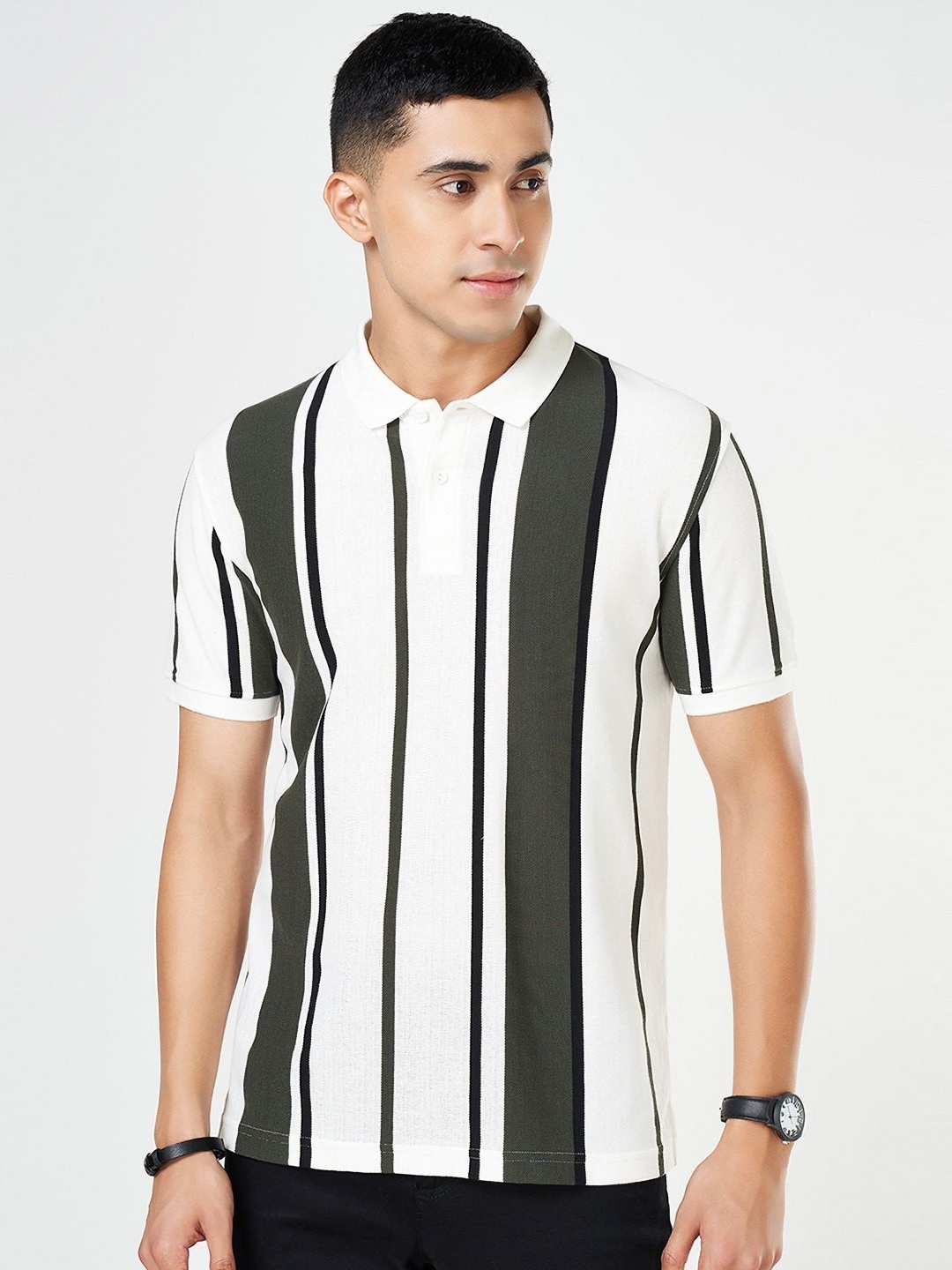 

BYFORD by Pantaloons Men Striped Polo Collar Cotton Slim Fit T-shirt, Olive