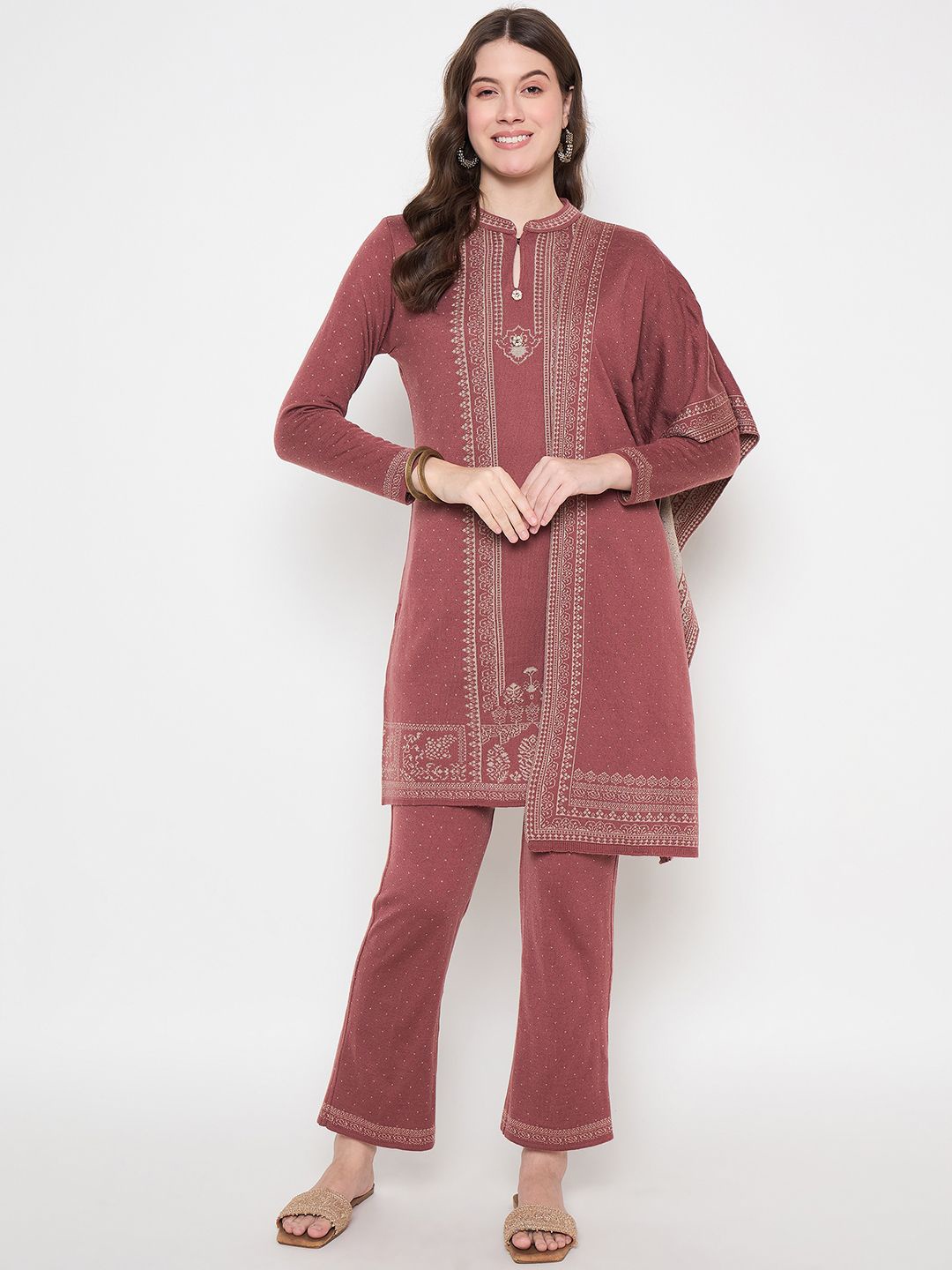 

Knitstudio Floral Printed Pure Wool Mandarin Collar Straight Kurta With Trousers & Dupatta, Rose