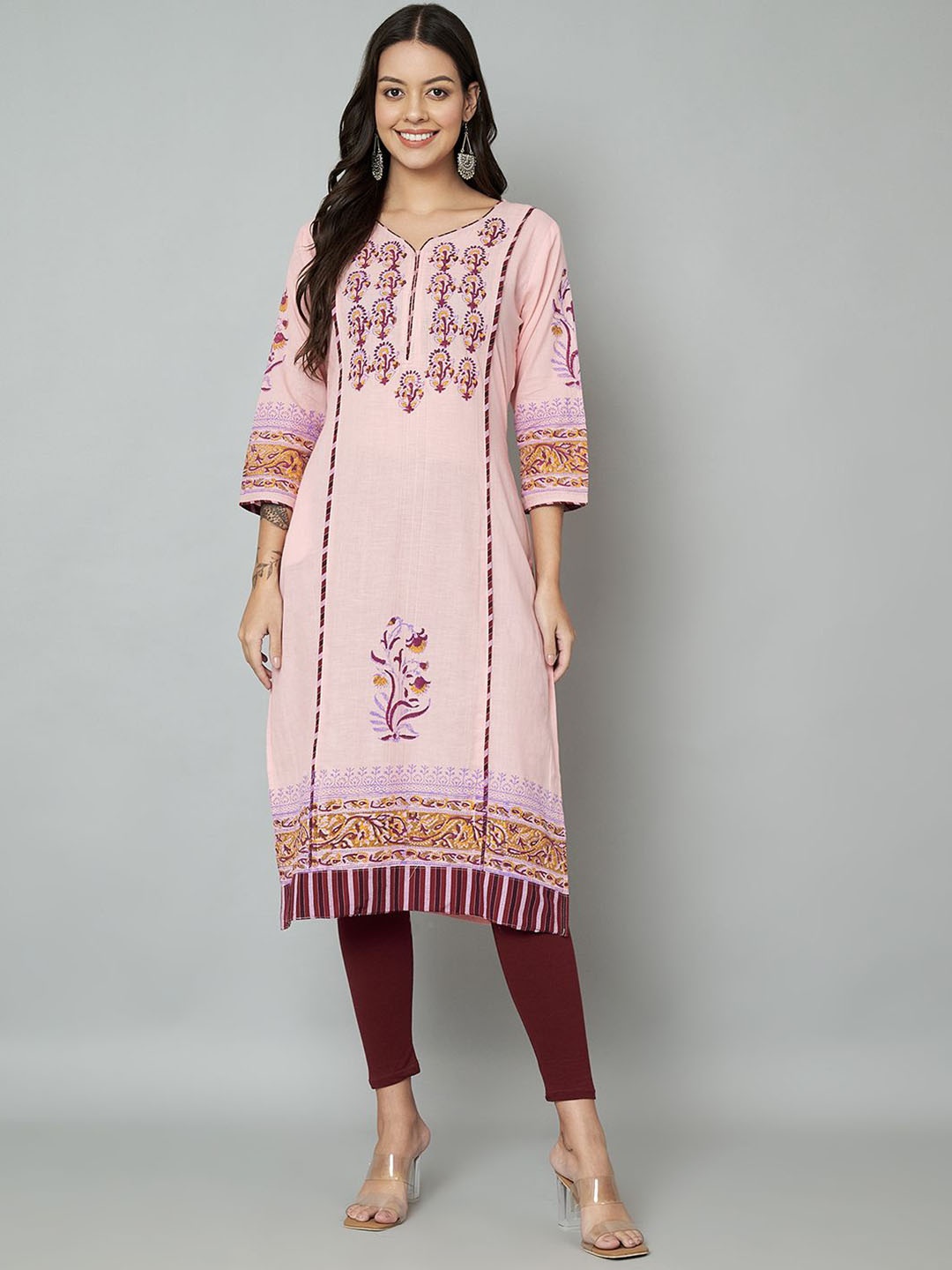 

Anouk Pink & Purple Floral Printed Sweetheart Neck Thread Work Liva Straight Kurta