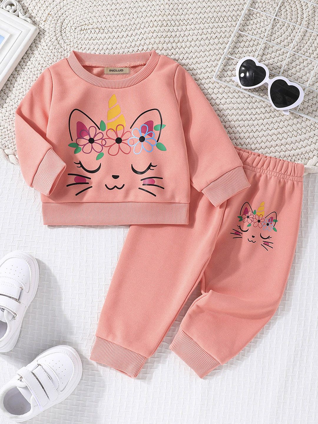 

INCLUD Girls Printed Round Neck Sweatshirt with Joggers Clothing Set, Peach