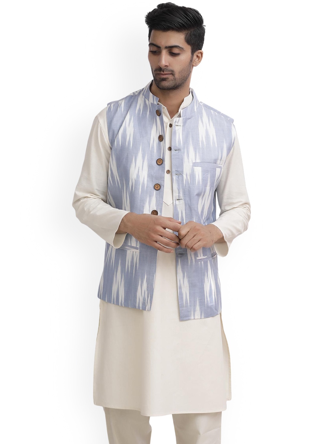 

TJORI Men Printed Pure Cotton Corduroy Nehru Jackets, Blue