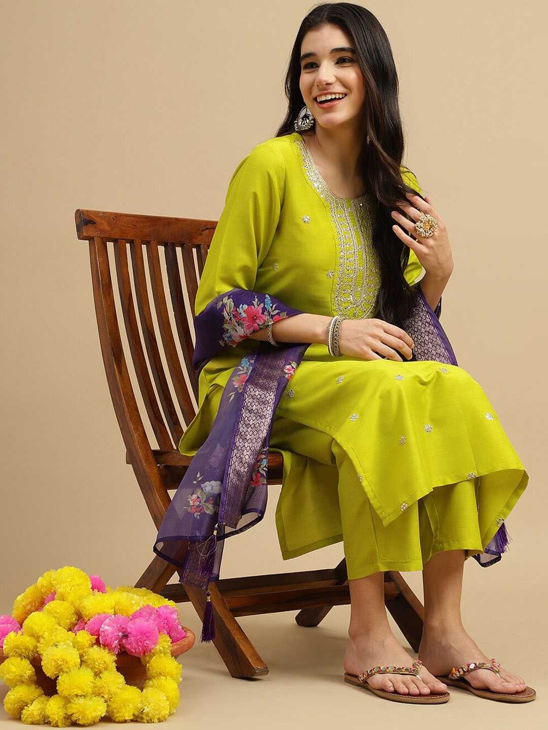 

KALINI Ethnic Motifs Embroidered Sequinned Straight Kurta With Trouser & Dupatta, Lime green