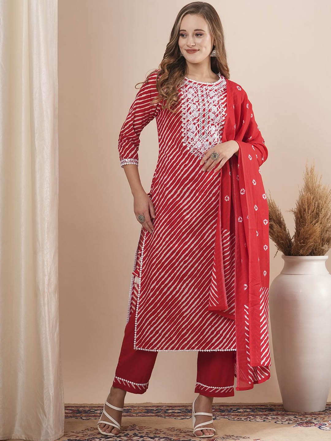 

FASHOR Leheriya Printed Mirror Work Pure Cotton Straight Kurta With Trouser & Dupatta, Red