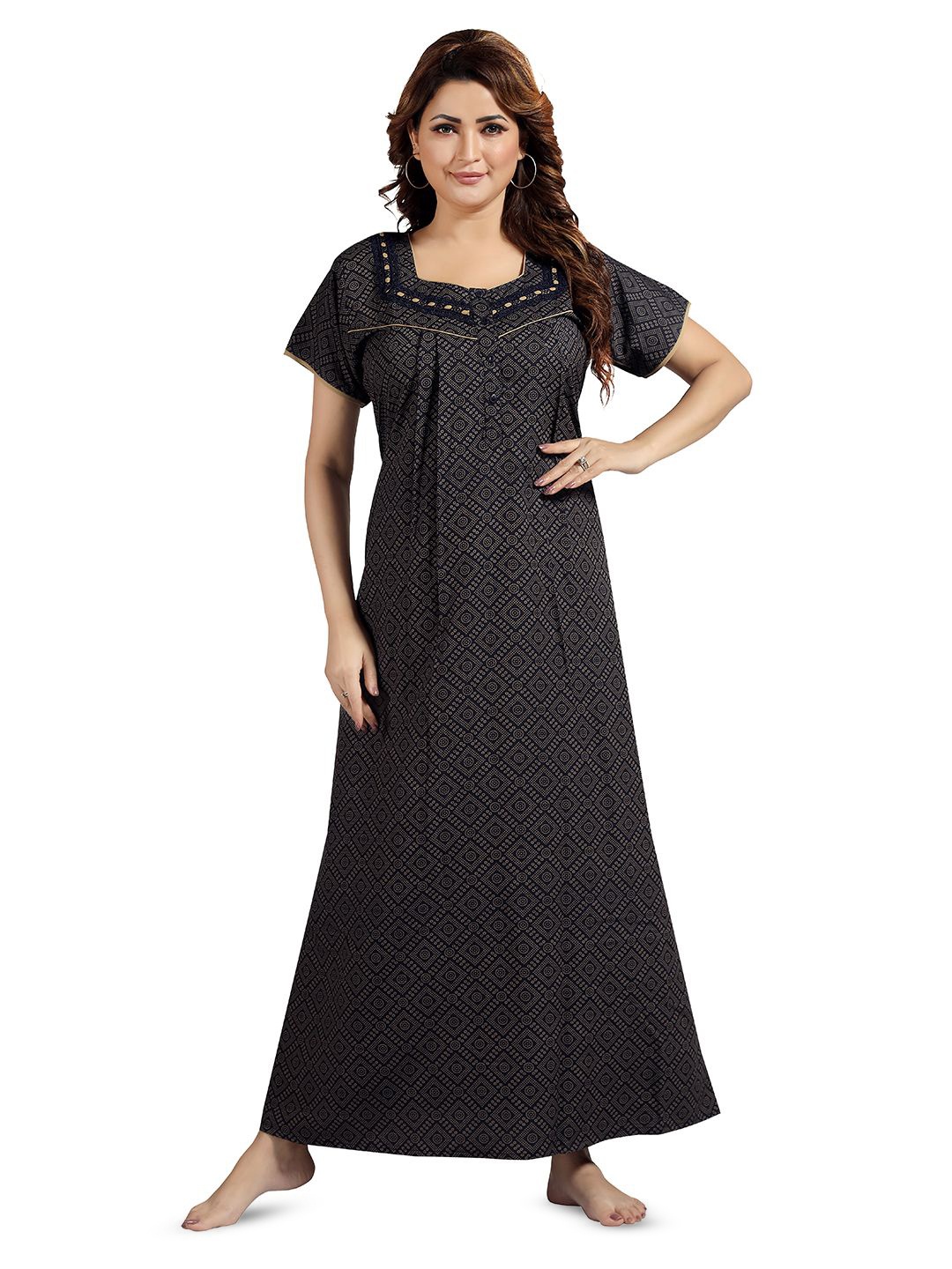 

NIGHT QUEEN Women Pure Cotton Printed Everyday Maxi Nightdress, Black