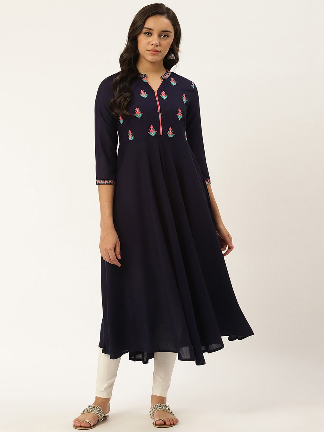 

Anouk Floral Embroidered Mandarin Collar Thread Work A-Line Kurta, Navy blue