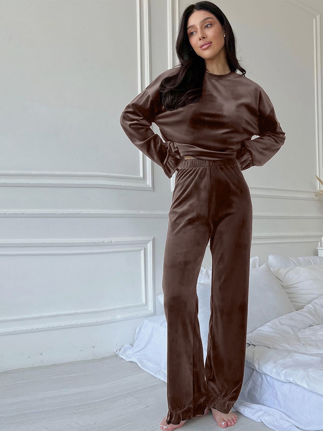 

LULU & SKY Women Round Neck Night Suit, Coffee brown