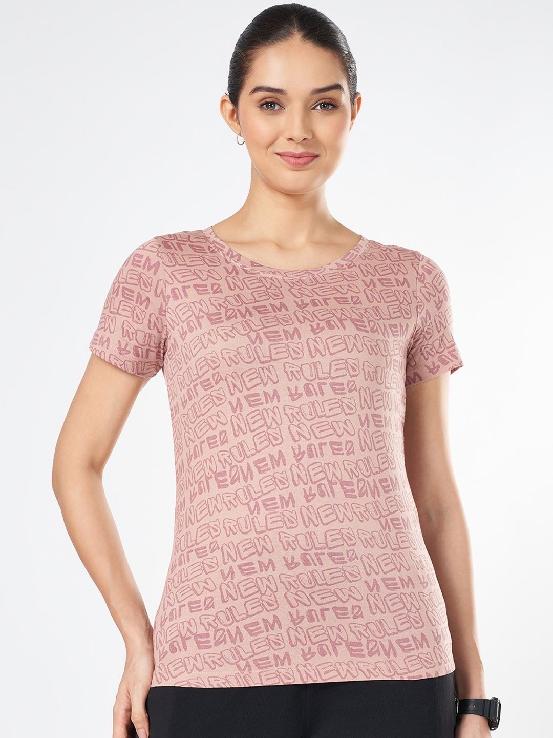 

Ajile by Pantaloons Women Typography Printed Round Neck Cotton T-shirt, Peach