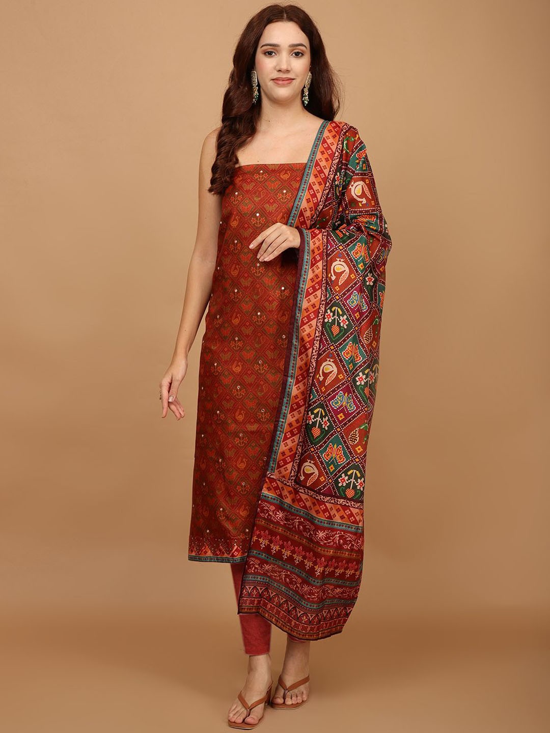 

Meena Bazaar Floral Printed Unstitched Dress Material, Rust
