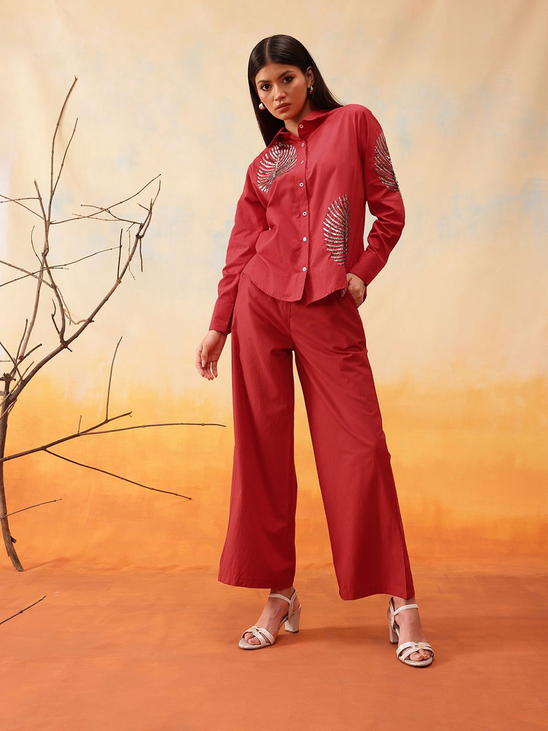 

indo street Embroidered Cotton Shirt with Trousers Co-Ords, Red