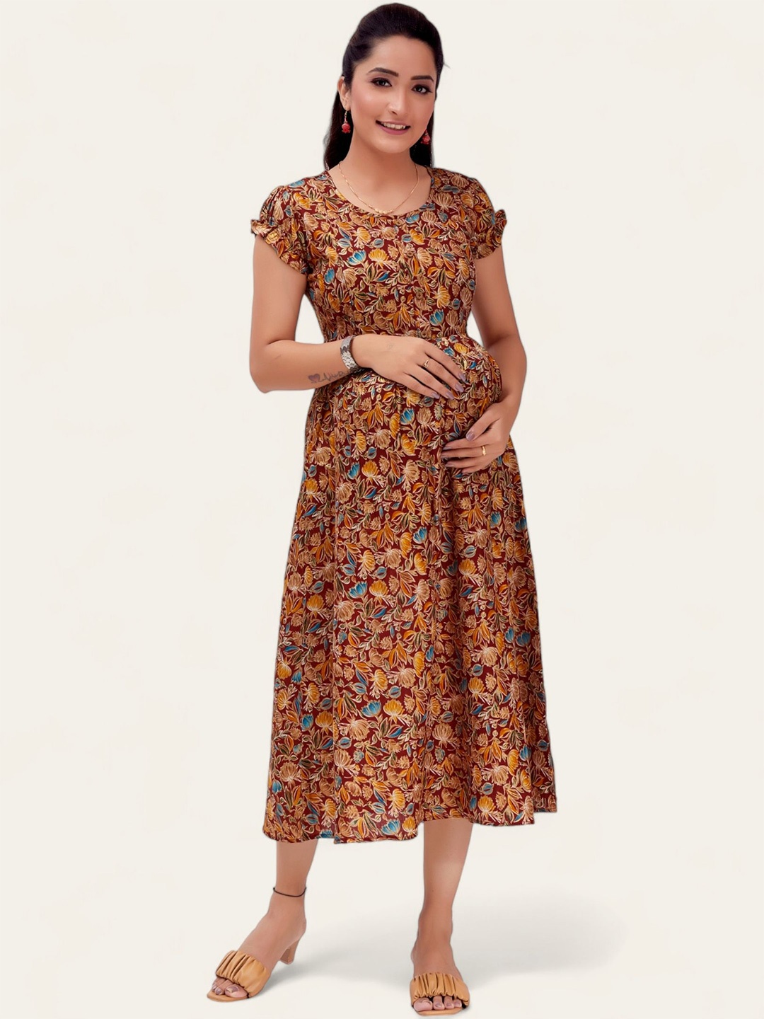 

RITIJYA Women Floral Printed Maternity Fit & Flare Dress, Maroon