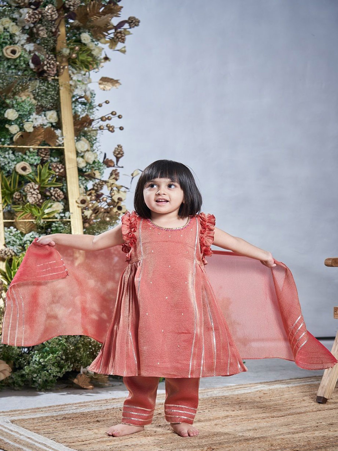 

Vivedkids Girls Geometric Embroidered Gotta Patti Kurta with Trousers & With Dupatta, Rust