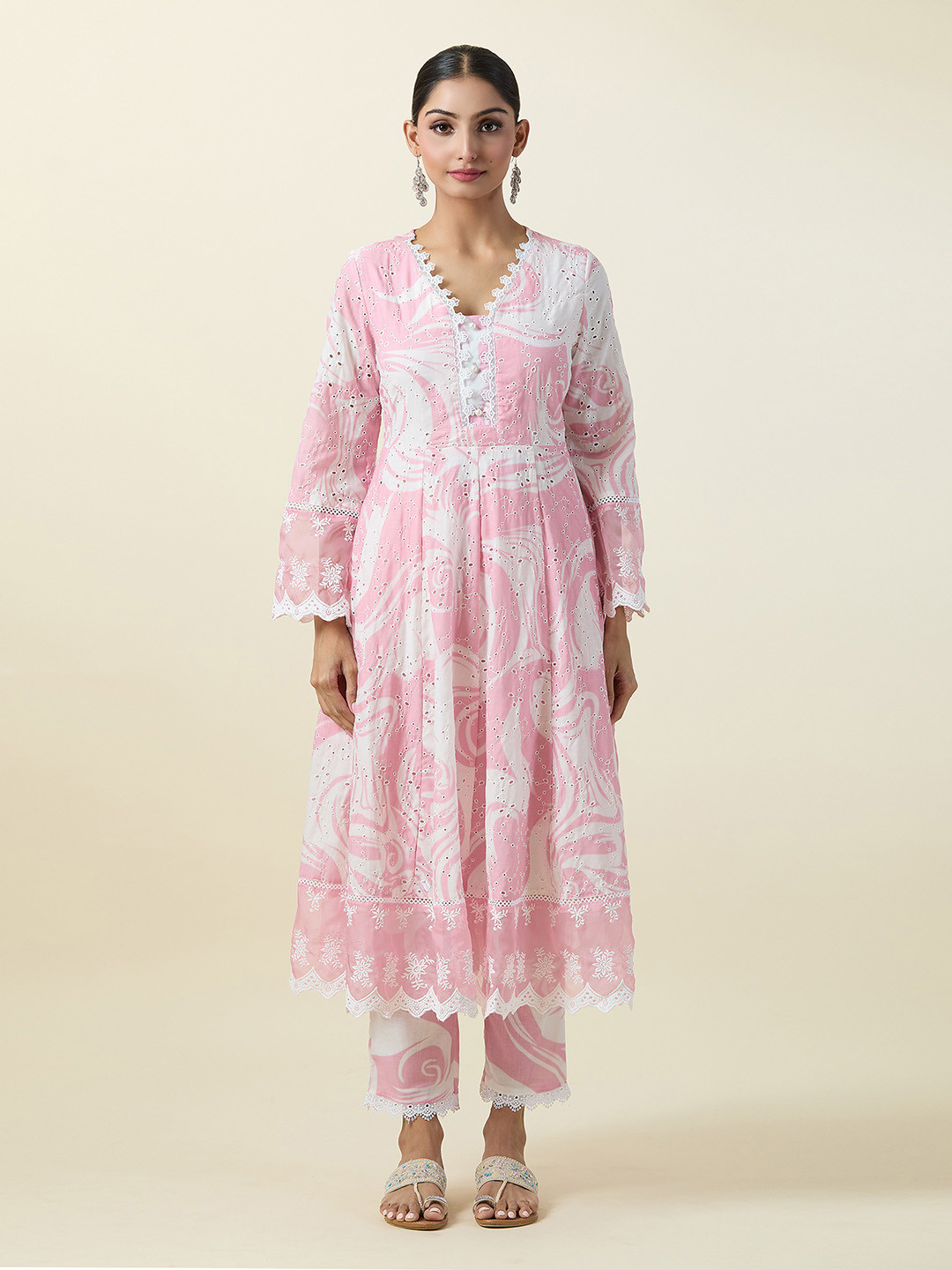 

Adara Khan Floral Printed Empire Thread Work A-Line Kurta with Palazzos & Dupatta, Pink