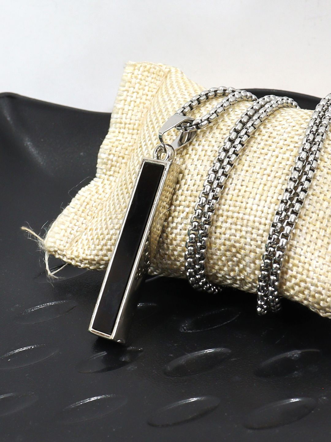 

KRENOZ Men Silver-Plated Stainless Steel Square Pendants With Chains