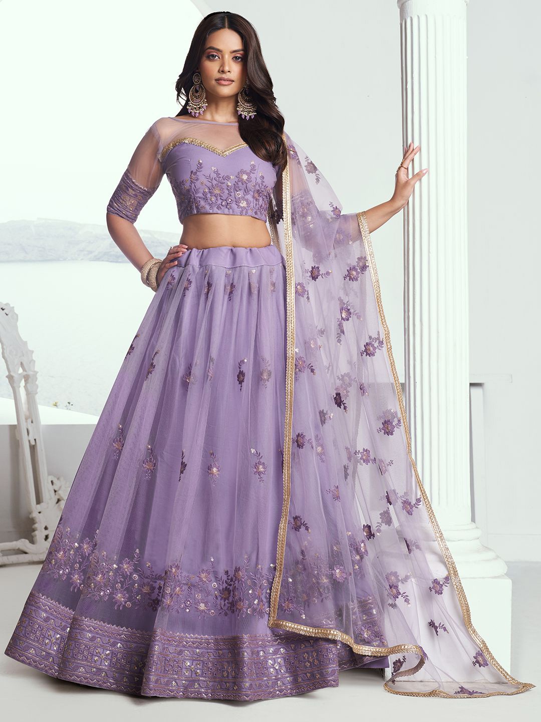 

FABPIXEL Embroidered Sequinned Semi-Stitched Lehenga & Unstitched Blouse With Dupatta, Lavender