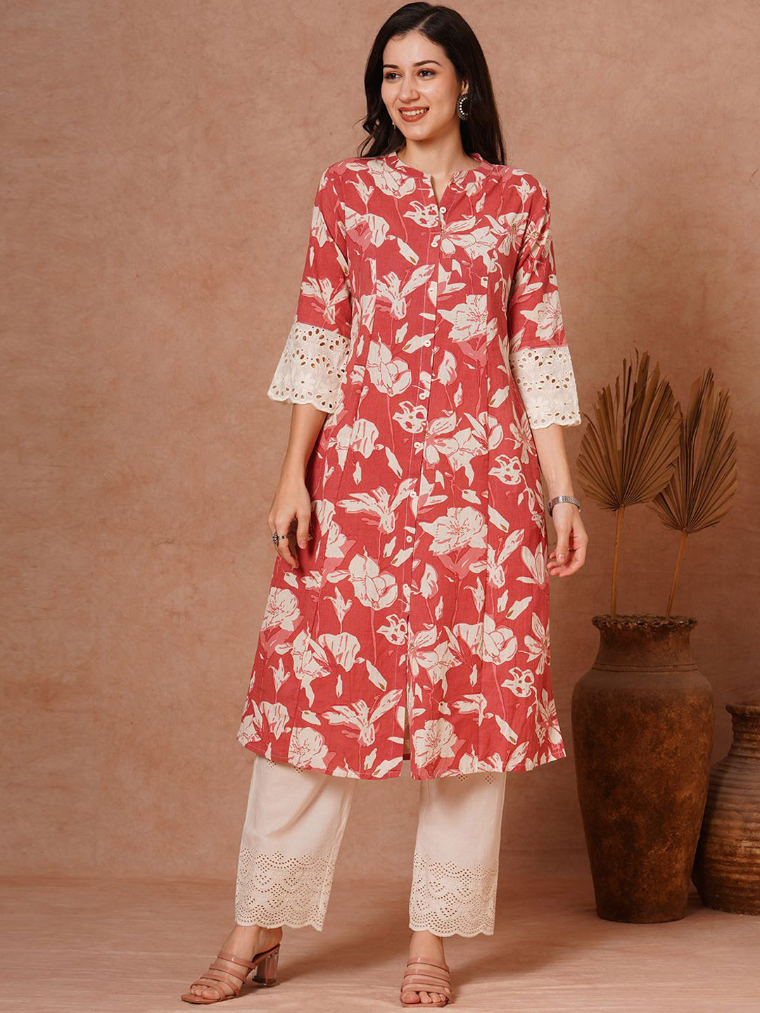 

FASHOR Floral Printed Mandarin Collar Panelled A-Line Cotton Kurta, Coral