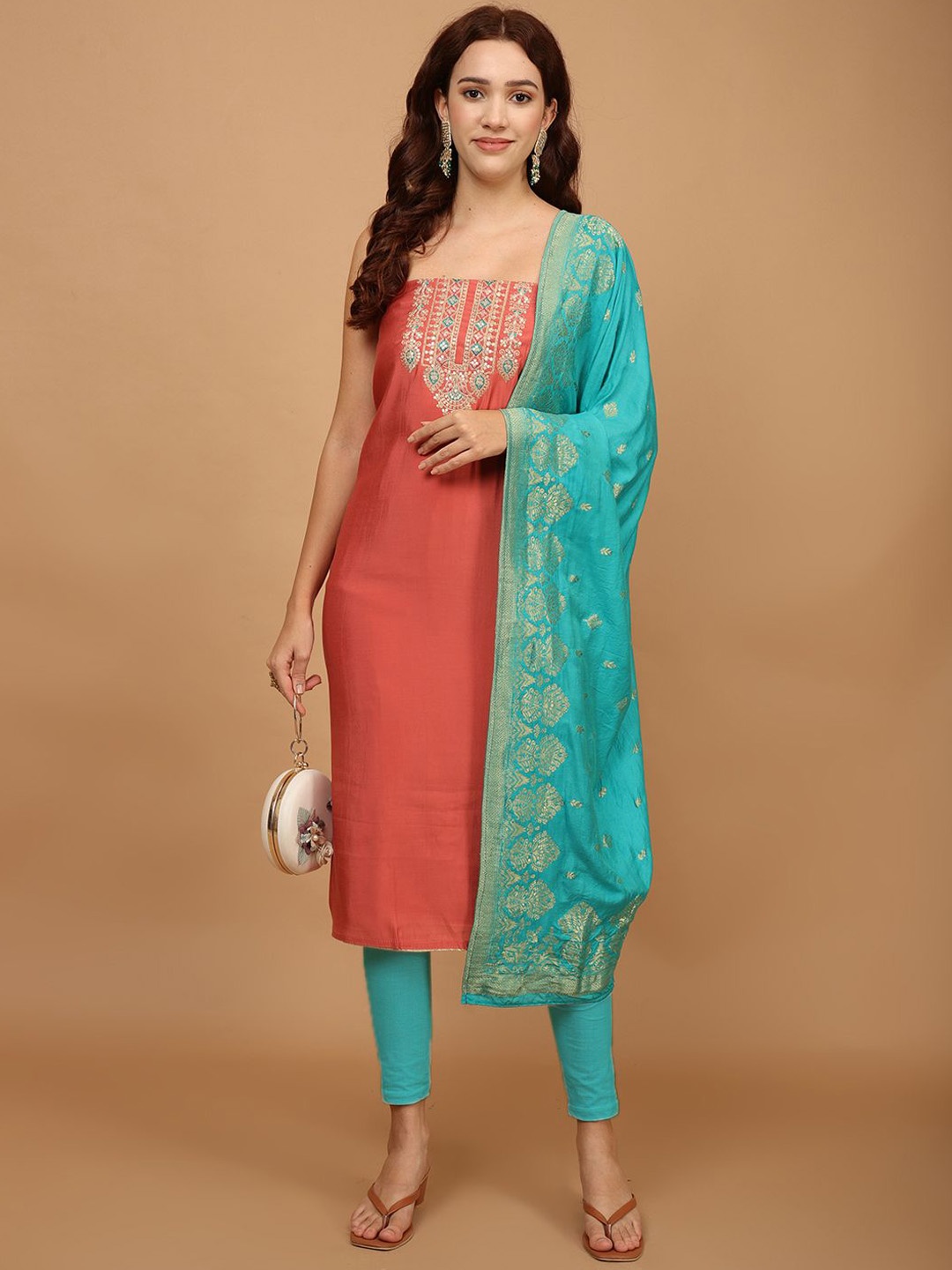 

Meena Bazaar Embroidered Unstitched Dress Material, Rust