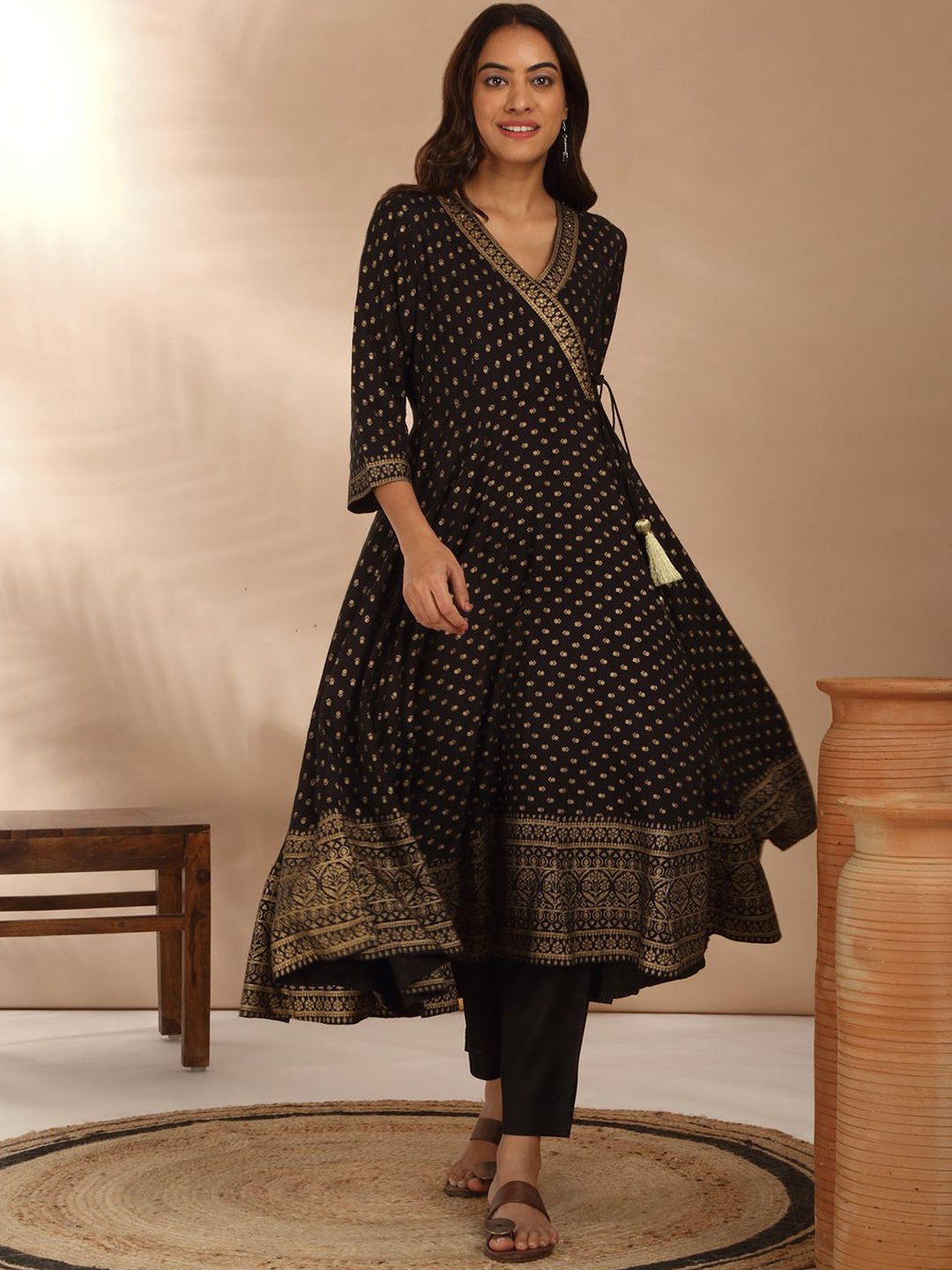 

Likha Ethnic Motifs Printed Zari Angrakha Kurta with Trousers & Dupatta, Black
