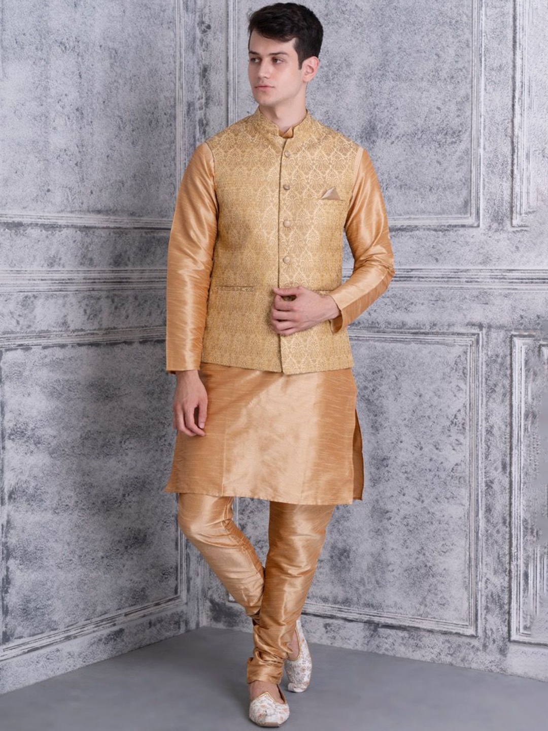 

Ethluxis Mandarin Collar Regular Dupion Silk Kurta with Churidar, Beige