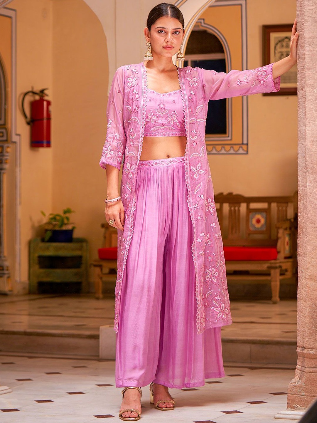 

DRESOUL Embroidered Shoulder Straps Neck Sleeveless Top & Palazzo & Shrug, Purple