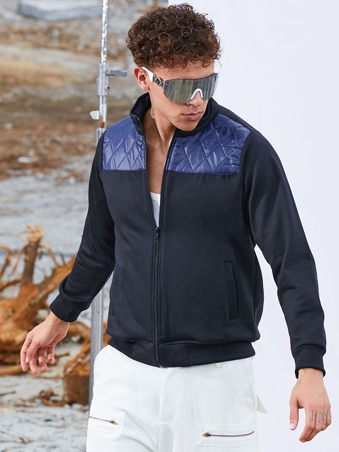 

Campus Sutra Men Mock Collar Self Design Cotton Casual Biker Jacket, Navy blue