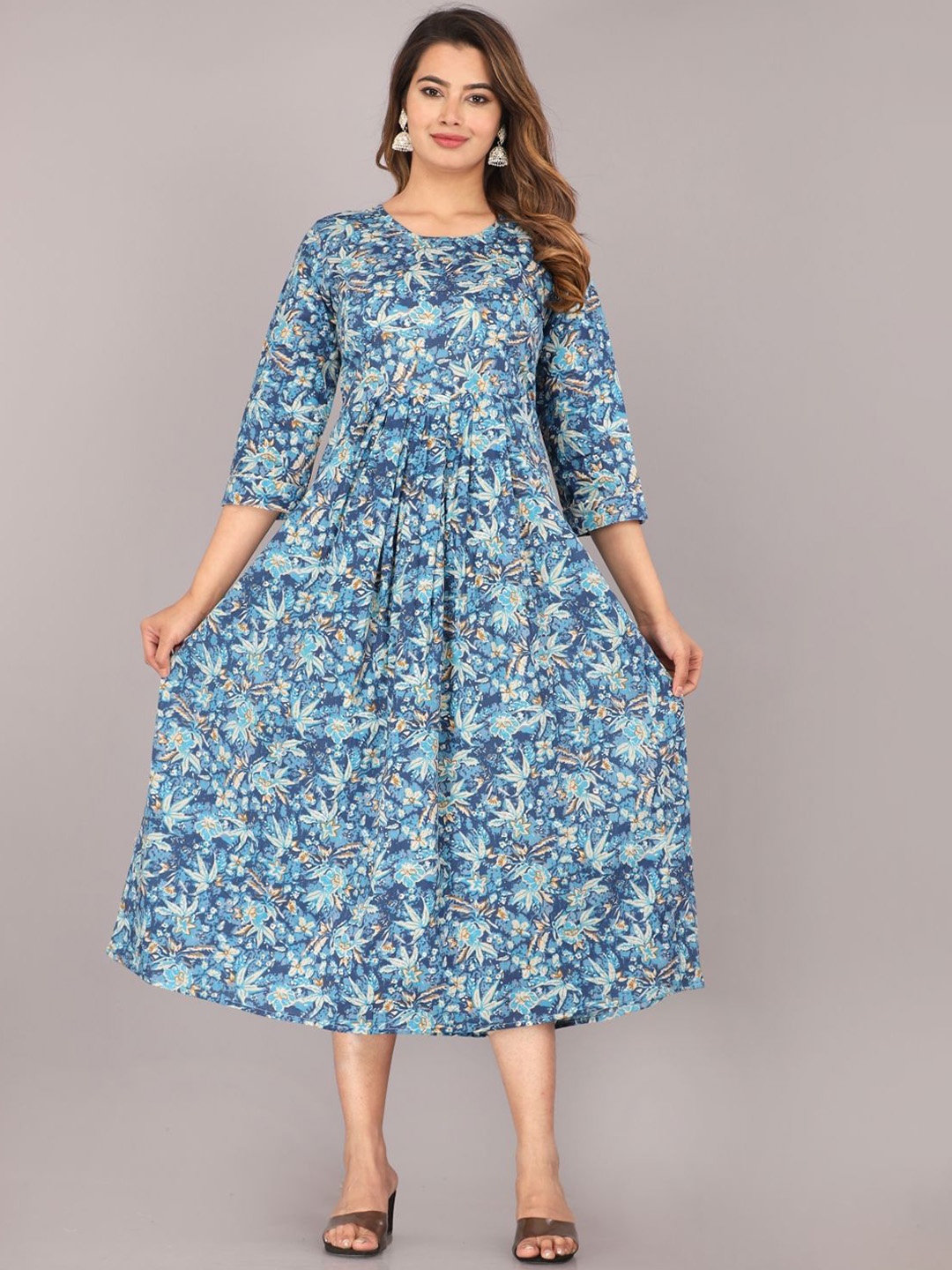 

Mehsoos Floral Printed Cotton Midi Fit and Flare Dress, Turquoise blue