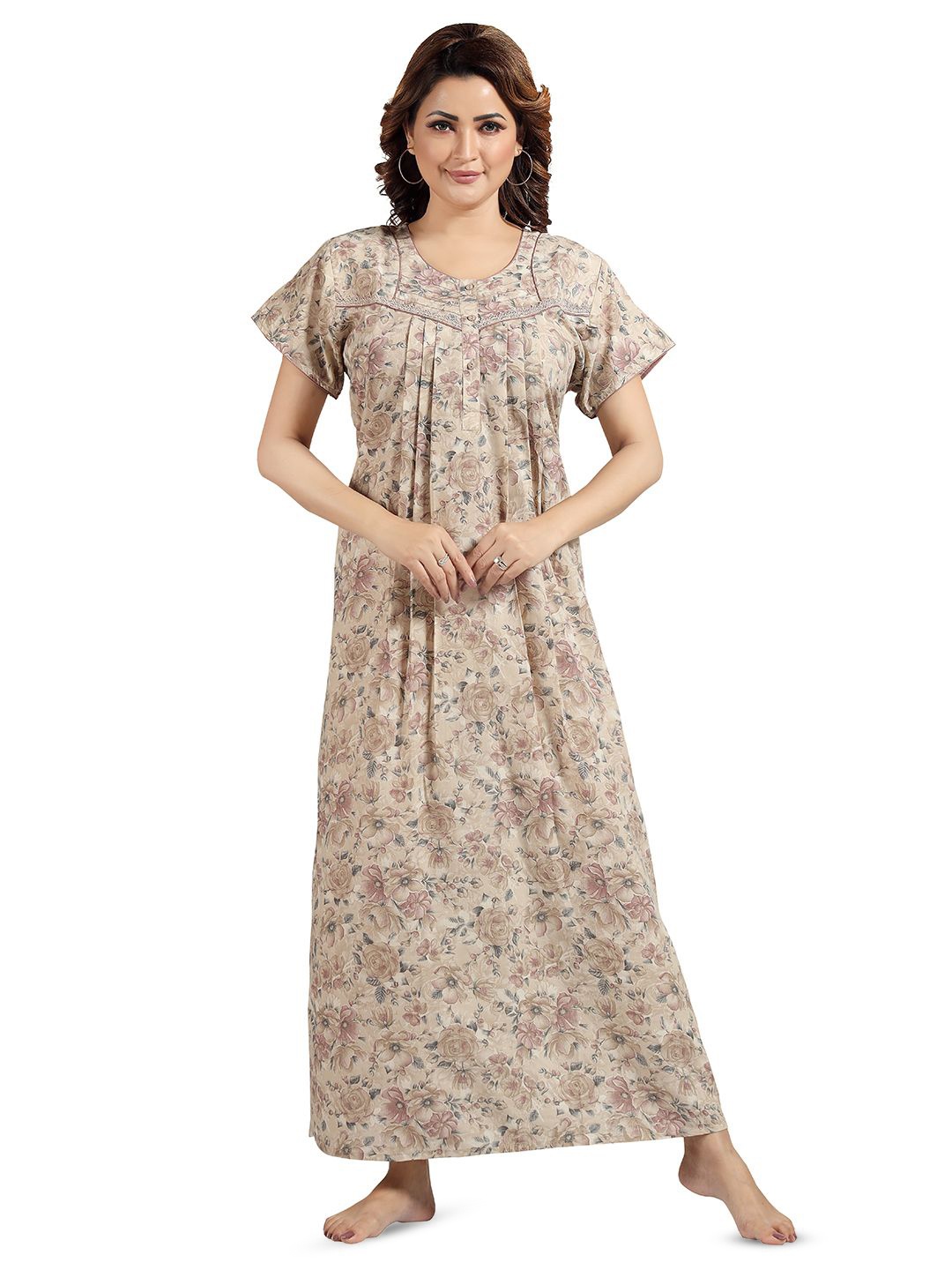 

NIGHT QUEEN Women Floral Printed Short Sleeves Maxi Nightdress, Beige