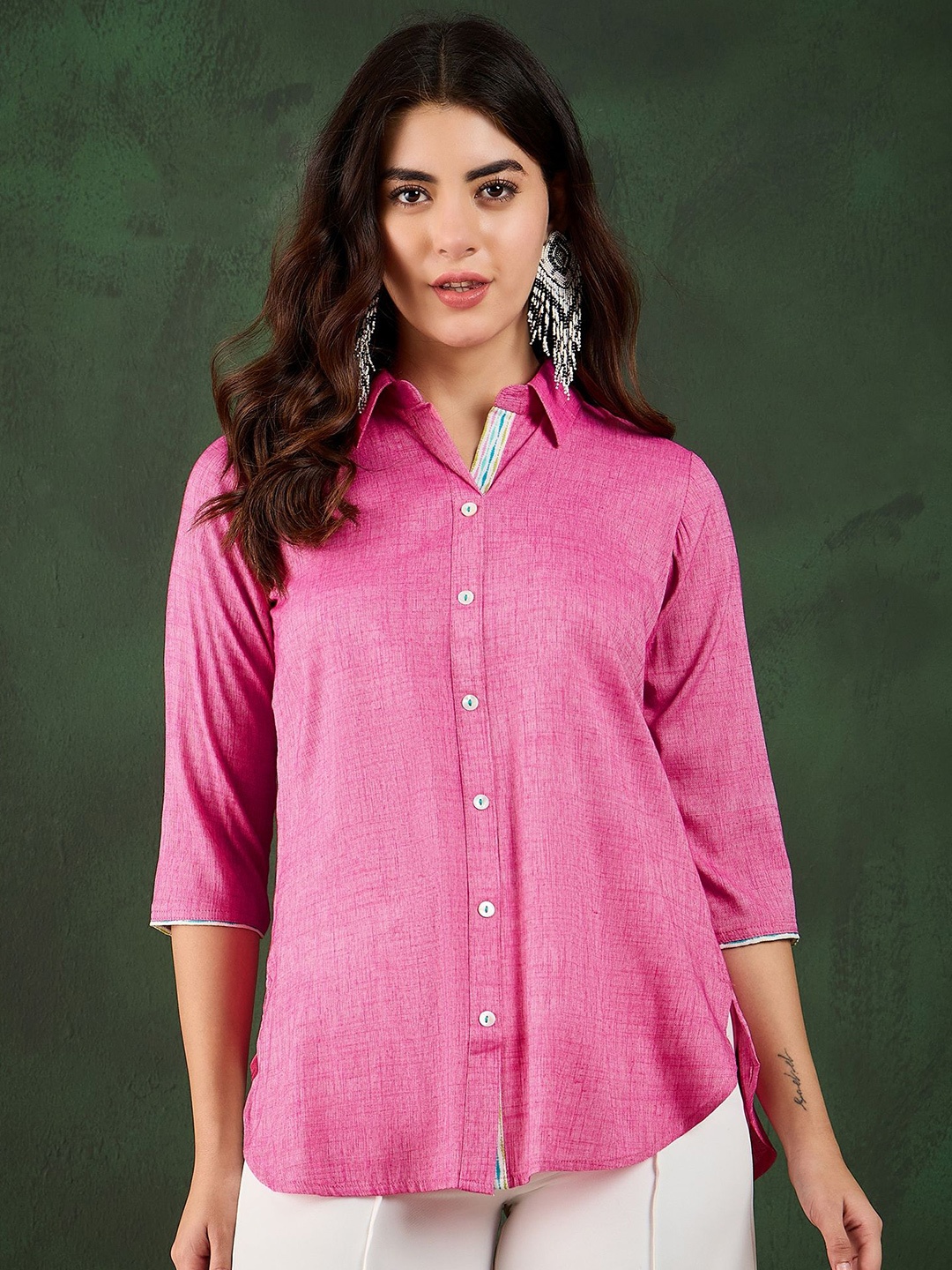 

Sangria Women Shirt Collar Three-Quarter Sleeves Kurti, Pink