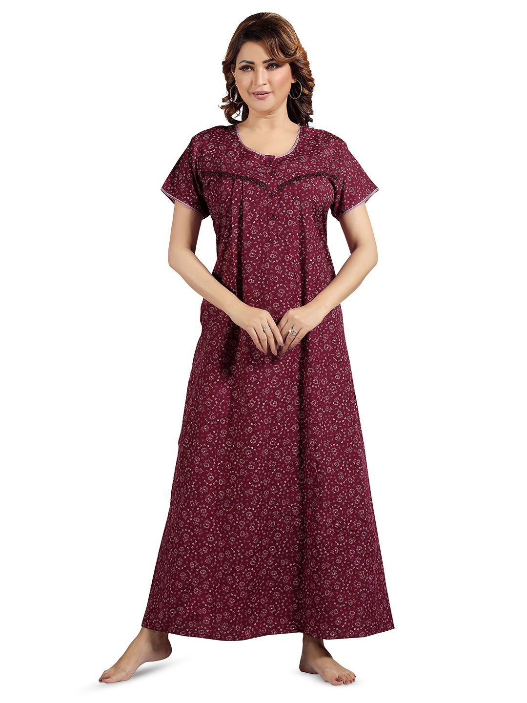 

NIGHT QUEEN Women Floral Printed Maxi Nightdress, Maroon