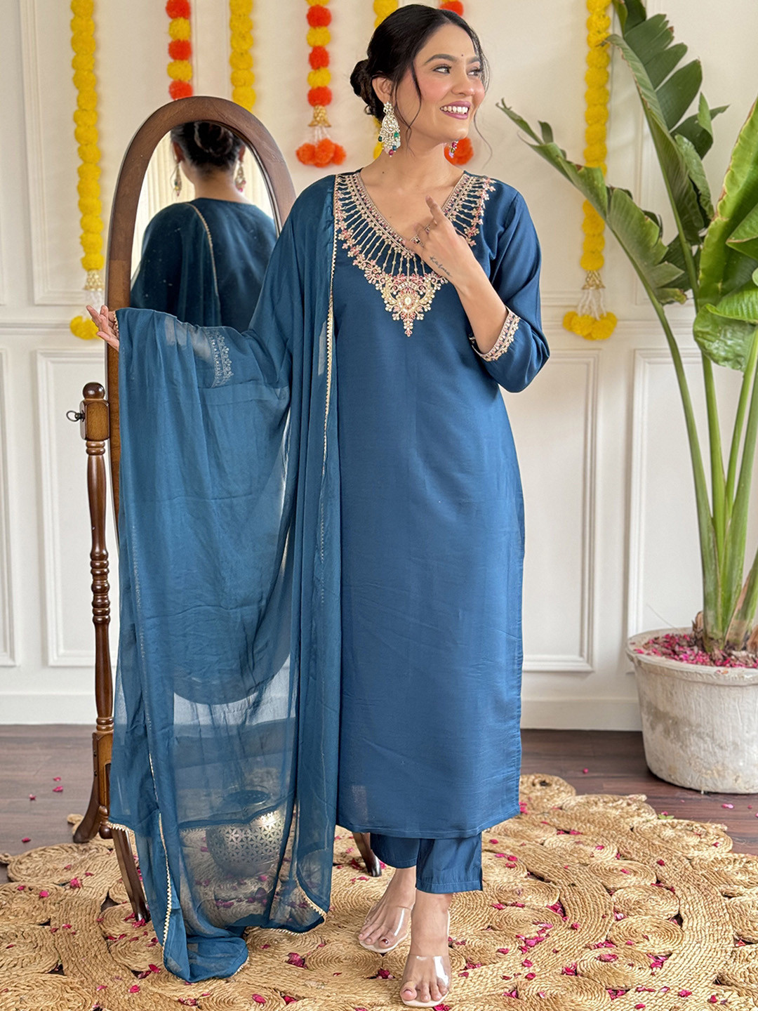 

KALINI Floral Yoke Design Kurta With Trousers & Dupatta, Turquoise blue