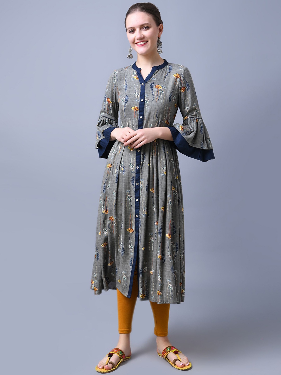 

Anouk Floral Printed Regular Straight Liva Anarkali Kurta, Grey