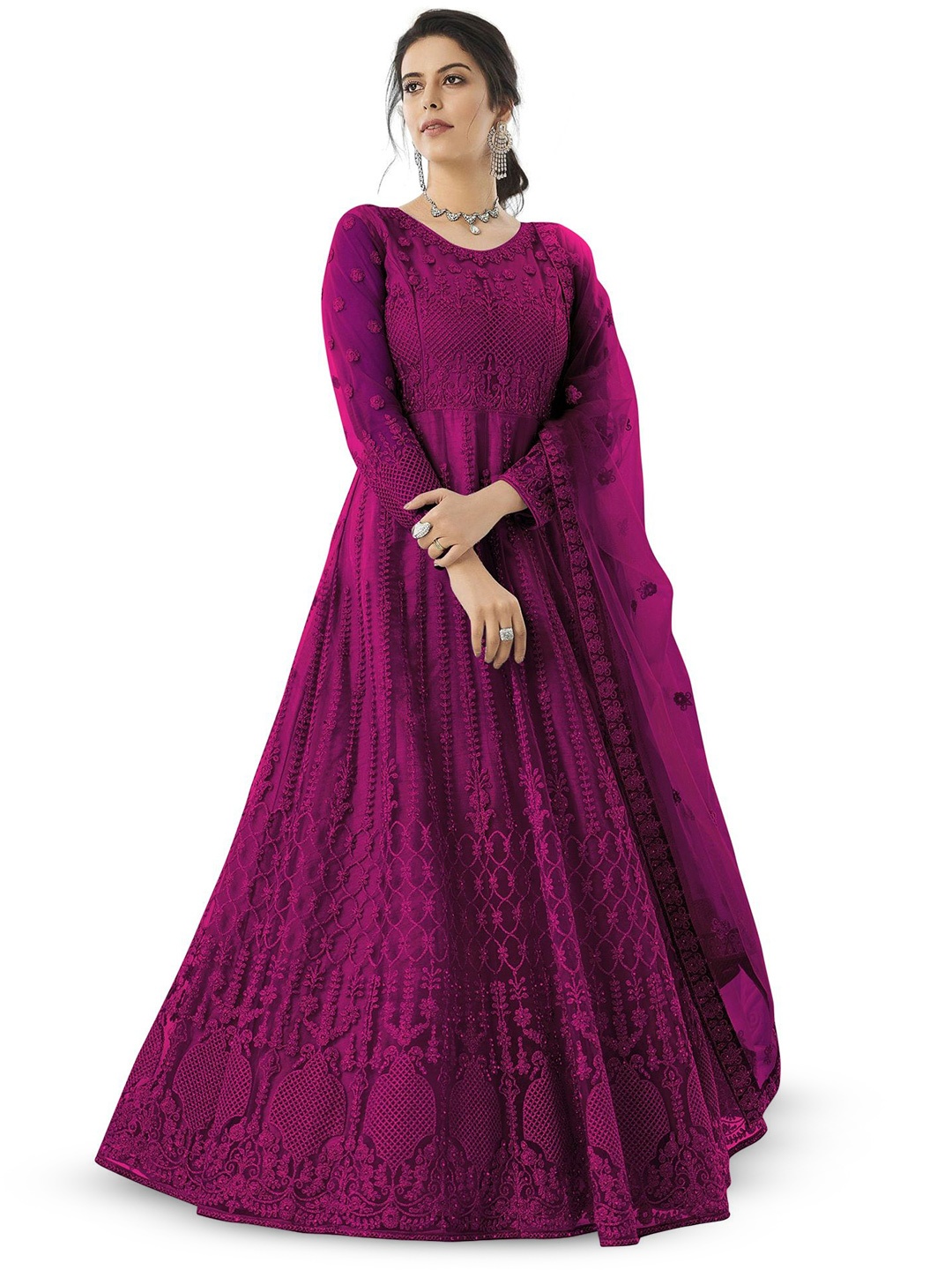 

JULEE Embroidered Net Fit & Flare Maxi Dress Comes with a Dupatta, Pink