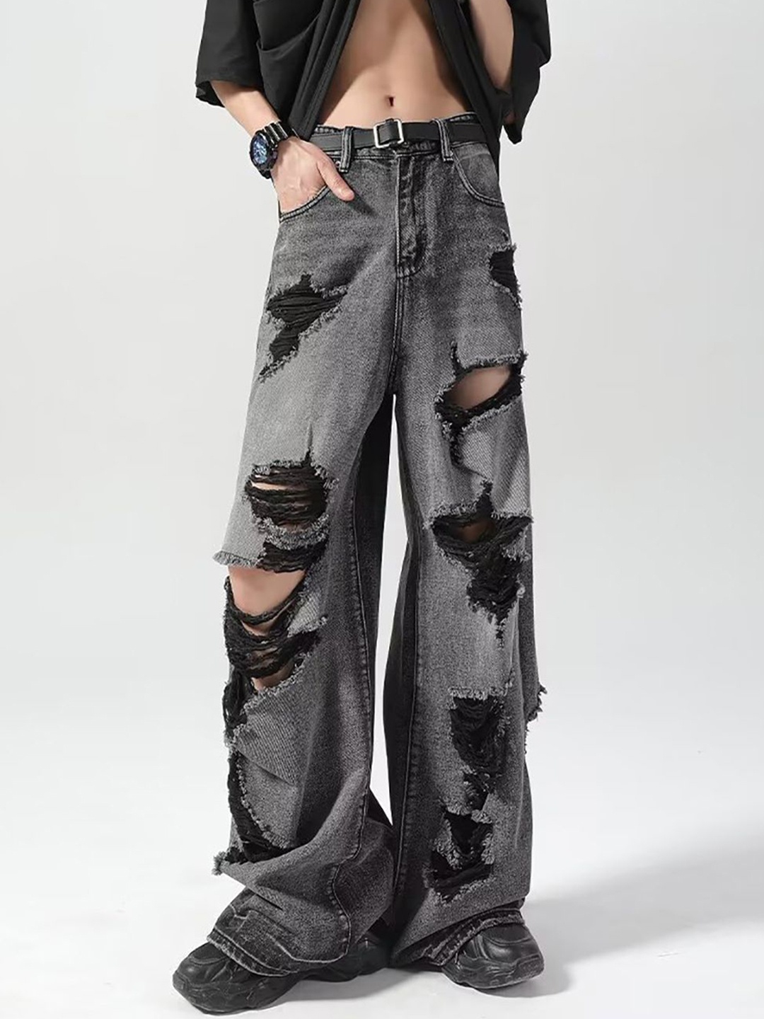 

StyleCast x Revolte Men Mid-Rise Flared Highly Distressed Ripped Jeans, Black