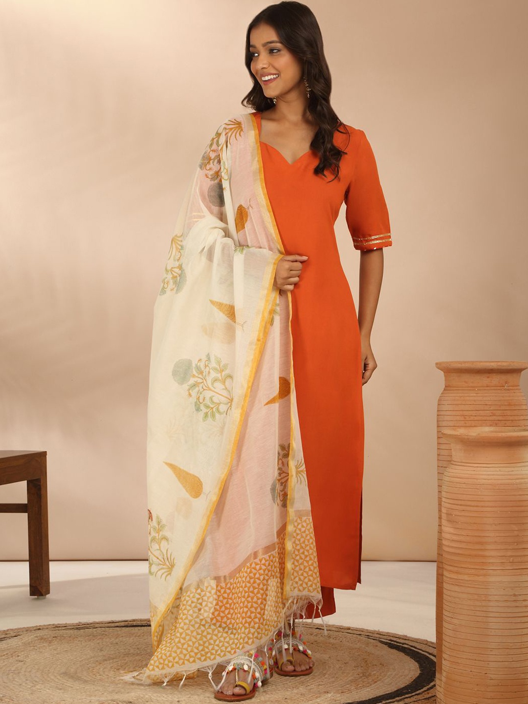 

Likha Sweetheart Neck Gotta Patti Straight Kurta with Trousers & Dupatta, Rust