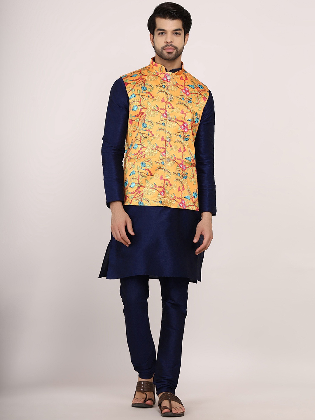 

Sadree Mandarin Collar Long Sleeves Straight Kurta with Churidar & Nehru jacket, Navy blue