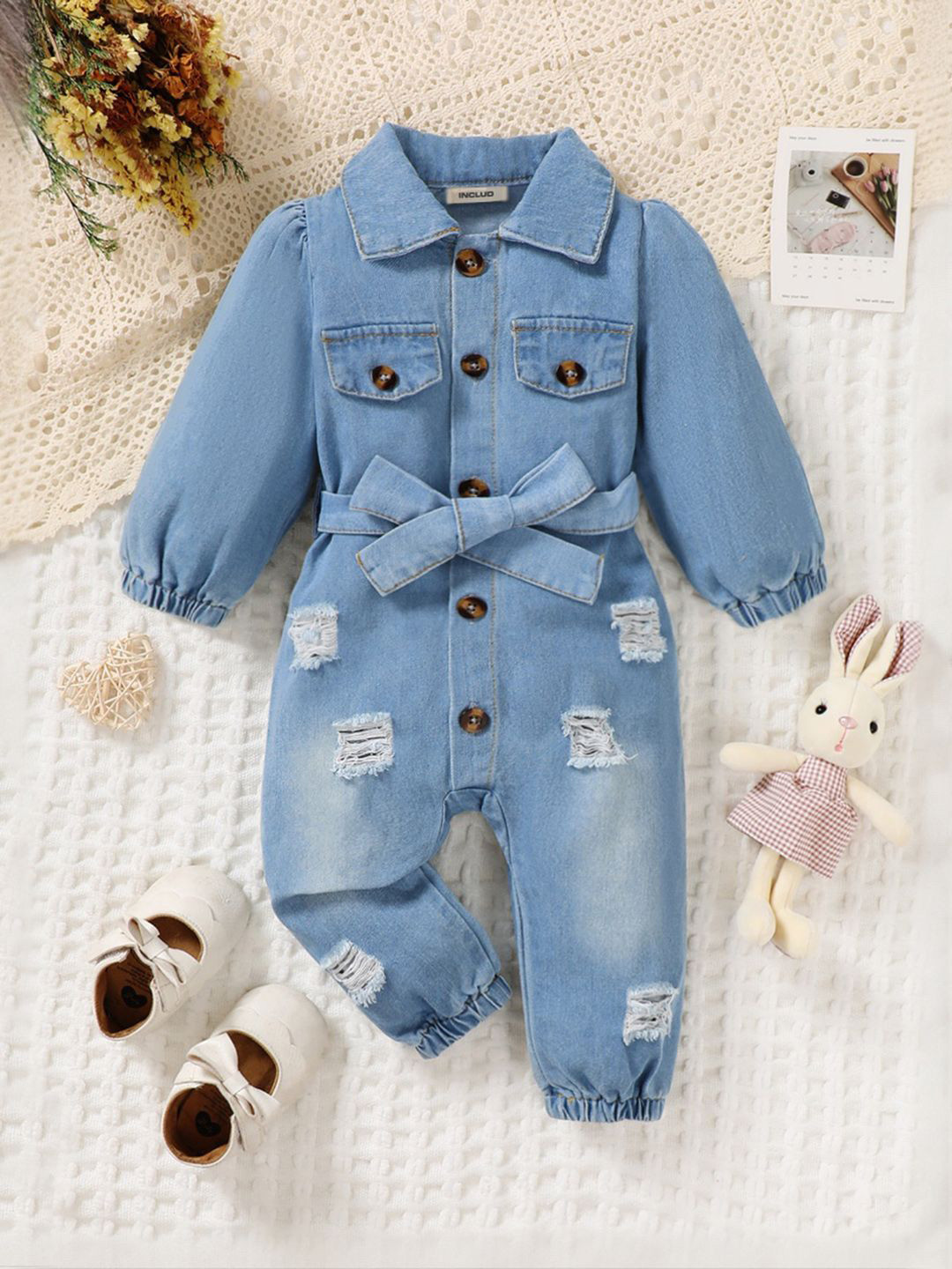 

INCLUD Girls Shirt Collar Basic Jumpsuit, Blue