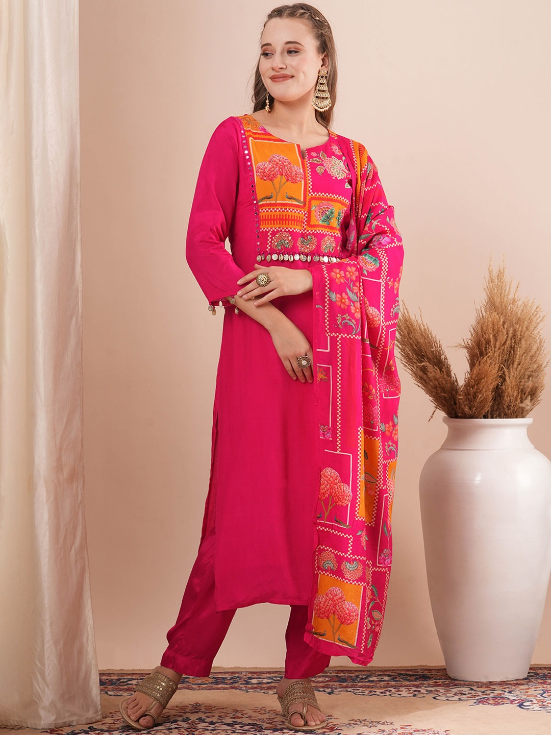 

FASHOR Ethnic Motifs Printed Beads and Stones Straight Kurta With Trousers & Dupatta, Pink