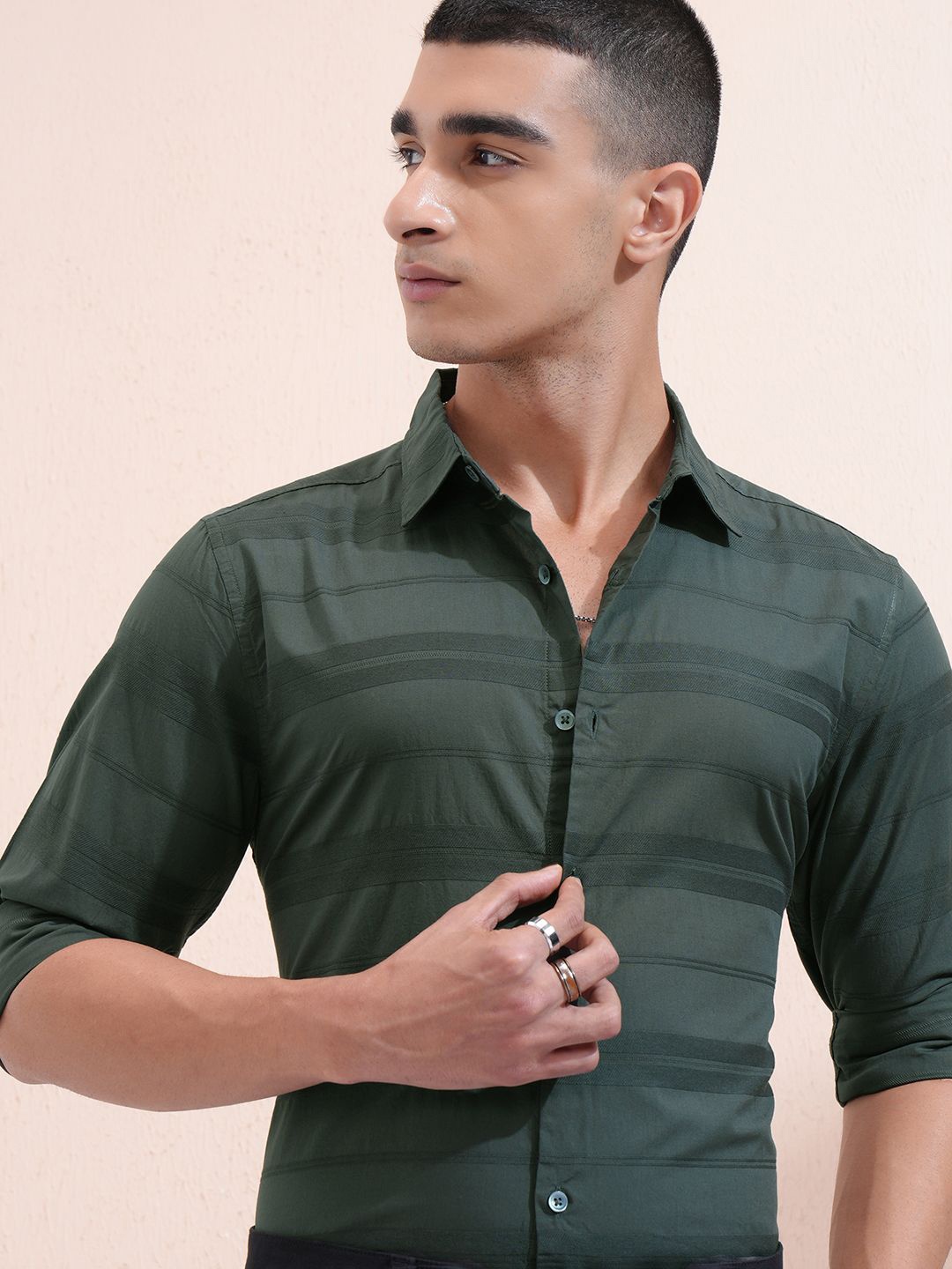 

Highlander Men Dobby Textured Striped Casual Shirt, Green