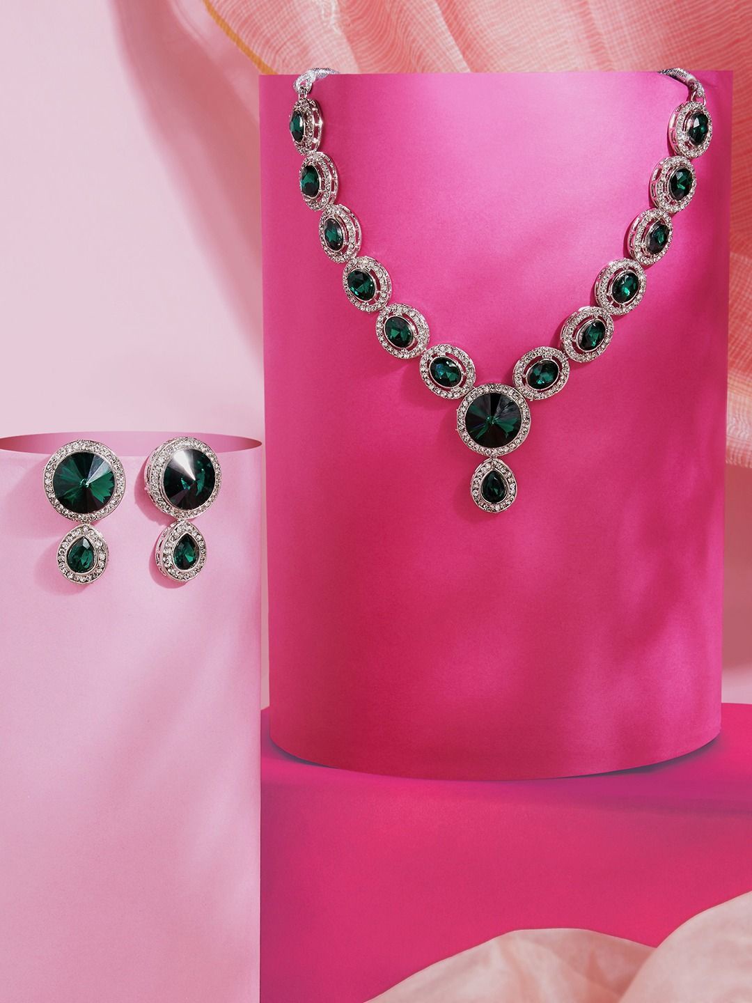 

AMI Sliver-Plated Austrian Diamonds Stone Studded Jewellery Set, Silver