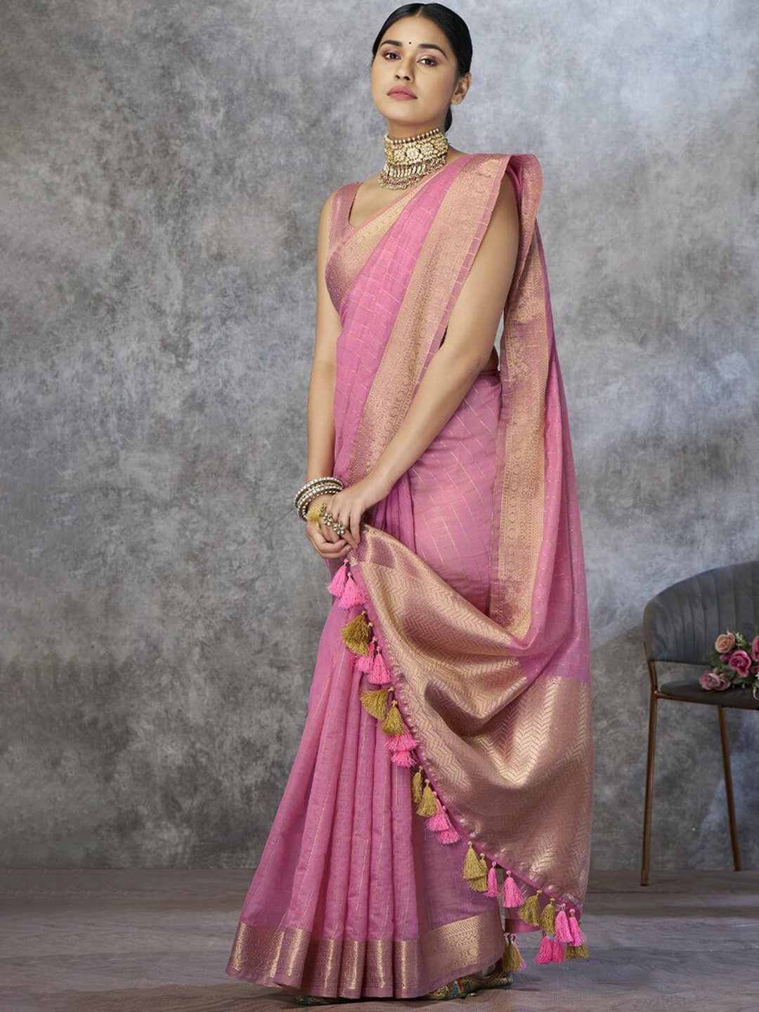 

Mitera Women Striped Zari Pure Cotton Chanderi Saree, Pink