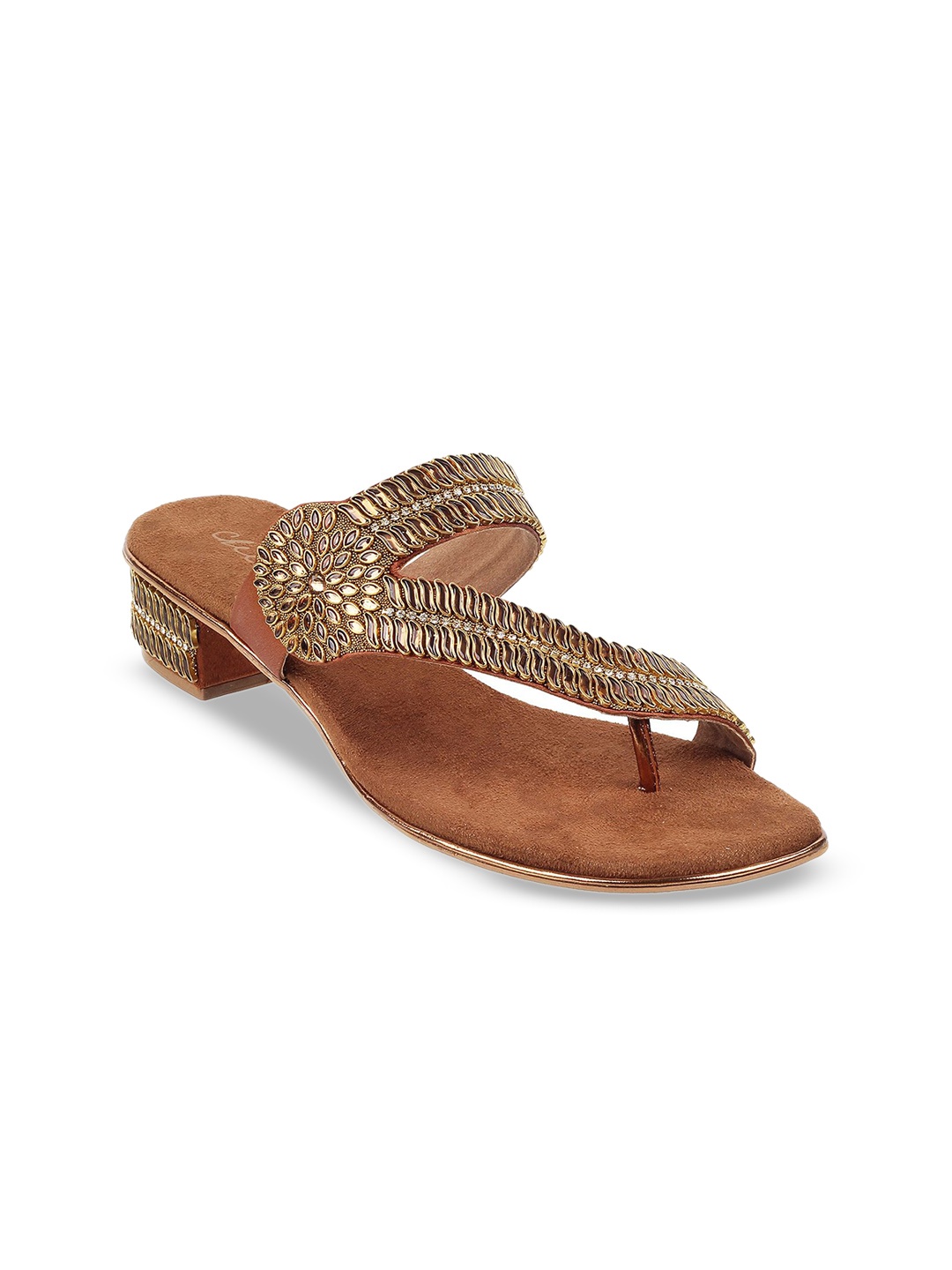 

Cheemo Embellished Ethnic Block Heel Sandals, Gold