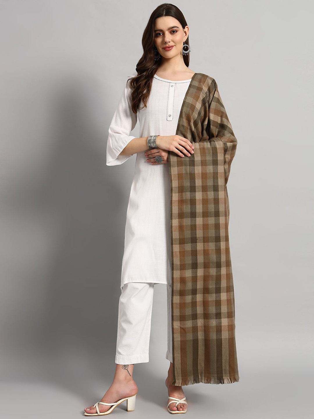 

HANDICRAFT PALACE Checked Woven Design Shawl, Beige