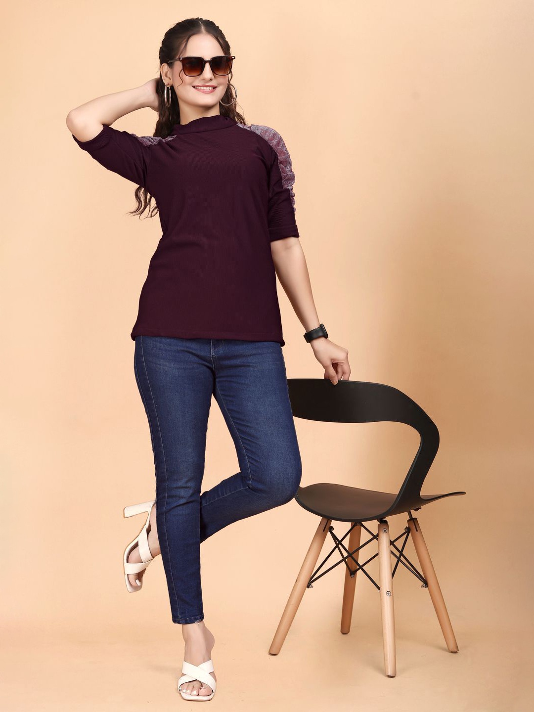 

ANJAVI FASHION Women Puff Sleeve Woollen Tweed Top, Maroon