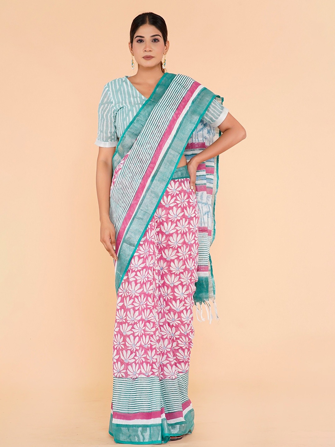 

Shivanya Handicrafts Floral Linen Block Printed Saree, Pink