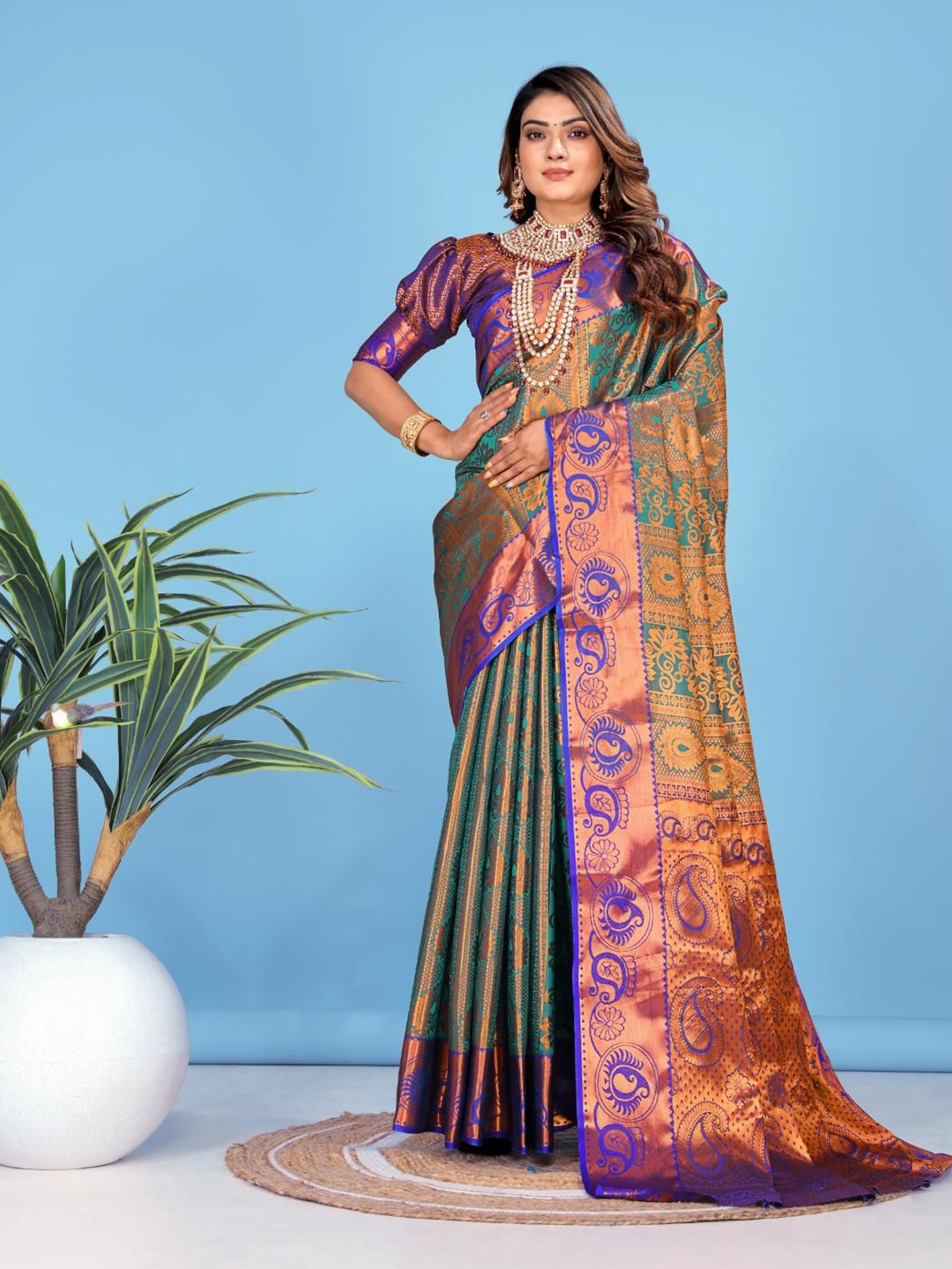 

JAY FASHION Woven Design Zari Kanjeevaram Saree, Teal