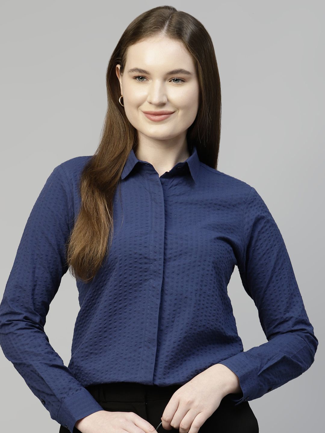 

Hancock Women Spread Collar Solid Cotton Formal Shirt, Navy blue